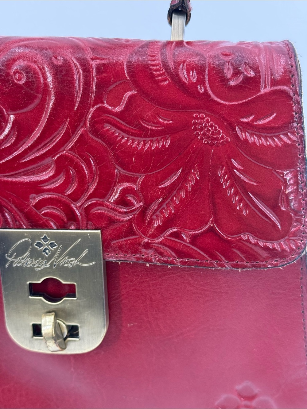 Patricia Nash Tooled Leather Top Handle Crossbody Satchel Burgundy Floral Bag - Picture 16 of 16
